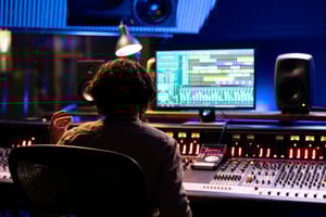 Experto en audio trabajando en la edición de música con ayuda de la inteligencia artificial House Of Films