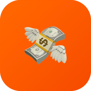 Ícono de dinero con alas sobre fondo naranja; simboliza ingreso extra, ganancia o pago rápido.