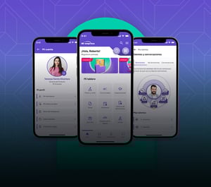 Tres pantallas de celular en un fondo degradado morado a verde. Las pantallas muestran una aplicación realizada por Neracode, Talento Zeus, un software de gestión del capital humano.