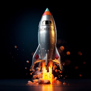 Cohete plateado con detalles rojos y punta verde despegando en medio de llamas y humo, sobre un fondo oscuro que resalta el brillo del fuego y las partículas en el aire.