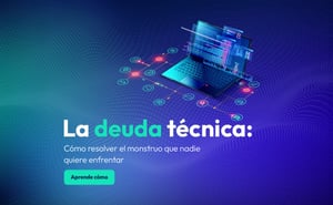 Banner sobre deuda técnica con fondo digital en tonos azul y morado, una laptop con elementos tecnológicos flotantes y un botón turquesa que invita a aprender más.