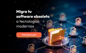 Banner sobre migración de software obsoleto a tecnologías modernas, con un ícono de carpeta digital en un entorno tecnológico y un botón naranja que invita a descargar la guía.