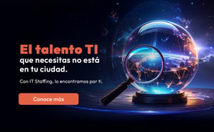 Globo digital con lupa mostrando ciudades iluminadas y texto sobre talento TI global con botón “Conoce más”