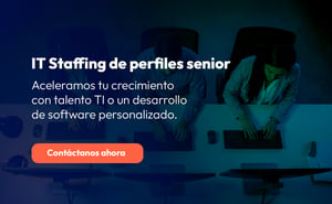 Persona trabajando en computadora en oficina, con texto sobre servicios de IT staffing senior y botón “Contáctanos ahora”.
