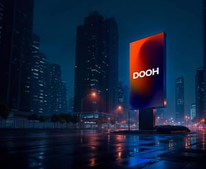 Pantalla DOOH en avenida nocturna, rodeada de rascacielos y calles mojadas, con luces urbanas reflejadas en el asfalto.
