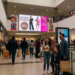 Centro comercial con visitantes y pantalla publicitaria de descuentos de verano de hasta 50%.