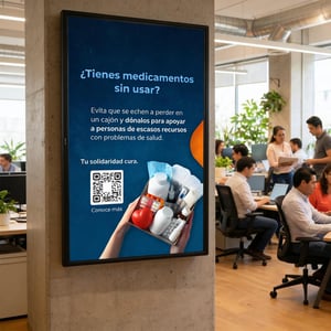 Pantalla digital en oficina promueve donación de medicamentos con código QR; personas trabajan alrededor.