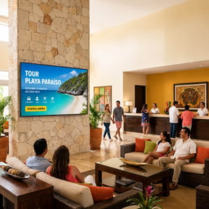 Lobby de hotel con huéspedes y pantalla digital que promociona tour a playa con botón “Reserva ahora”.