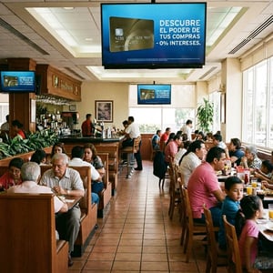Restaurante lleno con comensales y pantallas que anuncian beneficios de tarjeta con 0% de interés.