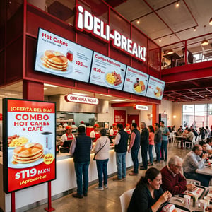 Restaurante de comida rápida con clientes en fila y pantallas digitales que muestran menú y promociones.