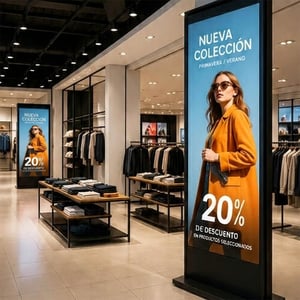 Tienda de ropa moderna con pantallas digitales que promocionan descuentos y nueva colección en el interior.