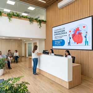 Recepción de clínica con pantalla que promueve campaña de prevención cardiológica y descuento en chequeos.