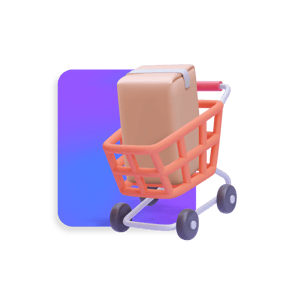 Ilustración 3D de un carrito de compras naranja con un paquete tipo caja de cartón en su interior. Se sitúa frente a un fondo geométrico de color violeta con bordes redondeados. Estilo minimalista, limpio y moderno con iluminación suave sobre fondo negro.