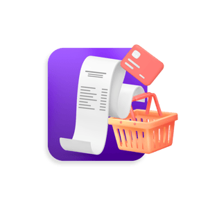 Ilustración 3D de una canasta de compras naranja con un ticket de compra largo y una tarjeta de crédito roja flotando. Fondo cuadrado morado con bordes redondeados. Estilo minimalista y moderno que representa transacciones digitales o e-commerce.