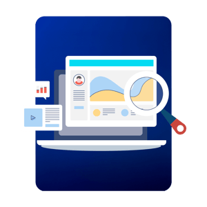 La imagen muestra una ilustración de análisis de datos: una computadora portátil con gráficos y métricas en pantalla, acompañada de una lupa que resalta una curva. Elementos flotantes incluyen íconos de video y barras de progreso, sobre un fondo azul degradado.