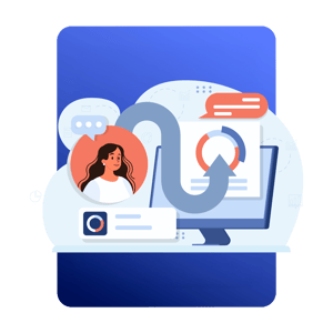 La imagen muestra una ilustración con un monitor que exhibe gráficos circulares y burbujas de diálogo, conectado mediante una flecha curva a un recuadro con la silueta de una persona, sobre un fondo azul degradado. Representa interacción y análisis de datos.