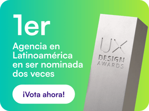 Gráfico promocional de UX Design Awards con trofeo, mensaje de primera agencia latinoamericana nominada dos veces y botón “¡Vota ahora!”.