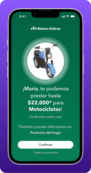 Pantalla móvil con oferta de Banco Azteca para préstamo destinado a motocicletas, ilustrada con una moto azul y un botón para continuar.