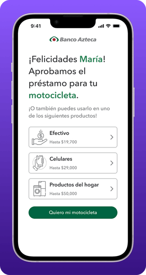 Pantalla móvil con una oferta de Banco Azteca indicando un préstamo aprobado para motocicleta y opciones de uso adicionales en efectivo, celulares y productos del hogar, con un botón para continuar.