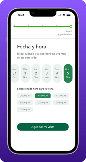 Pantalla móvil que muestra un calendario para seleccionar fecha y hora de una visita a domicilio, con opciones de días y horarios disponibles y un botón para agendar.