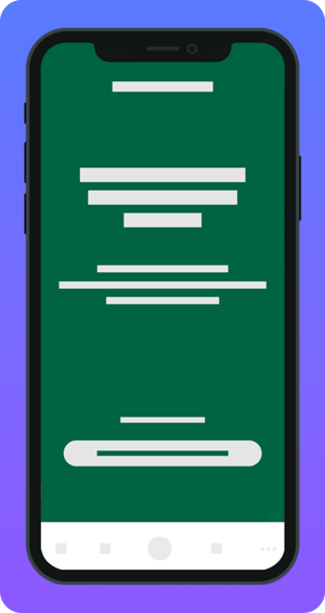 Pantalla de app móvil con fondo verde y bloques blancos que representan texto y botones de forma genérica, usada como ejemplo o estado de carga, sin contenido legible ni información específica visible.