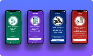 Cuatro smartphones mostrando distintas ofertas de préstamo para productos como efectivo, celulares, motocicletas y artículos del hogar, sobre un fondo degradado en tonos morados y azules.