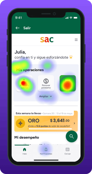 Pantalla de la app SAC mostrando operaciones frecuentes, mensajes motivacionales y un mapa de calor que destaca las áreas más utilizadas por los usuarios dentro de la interfaz.