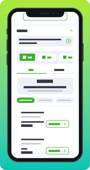 Interfaz de aplicación móvil con diseño modular. Presenta encabezados, filtros, gráficos simplificados y tarjetas de información simulada, resaltando botones y secciones activas en color verde sobre fondo claro.