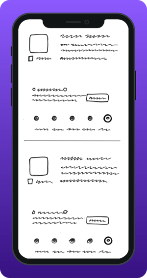Boceto de pantalla móvil con estructura de una app: bloques de contenido simulados, botones, textos de ejemplo y puntos de navegación. Representa un wireframe de interfaz con dos secciones repetidas para listar información.