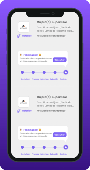 Pantalla de app móvil mostrando vacantes de “Cajero(a) supervisor”, con ubicación, estado de postulación y un flujo de proceso de selección. Incluye mensajes de felicitación, botón “Consultar” y una barra de progreso por etapas.