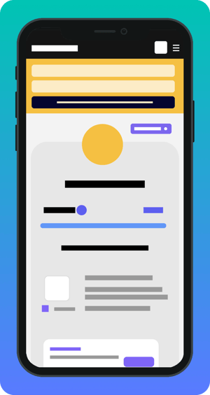 Ilustración de un teléfono móvil que muestra una interfaz de aplicación con campos de búsqueda, secciones de contenido y botones. El diseño es limpio y esquemático, sin texto legible específico, representando una app de servicios digitales.