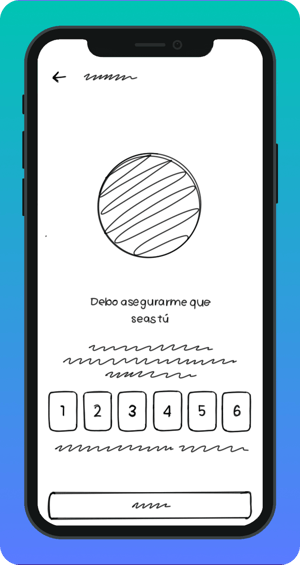 Boceto en blanco y negro de una pantalla de verificación en aplicación móvil. Incluye un avatar genérico, texto de confirmación de identidad, campos numerados para un código de seis dígitos y un botón de acción inferior.