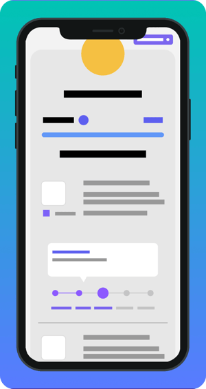Pantalla de app móvil con diseño de interfaz de reclutamiento en estado genérico. Se observan barras de progreso, tarjetas informativas, botones y una línea de seguimiento del proceso de postulación sin texto legible específico.