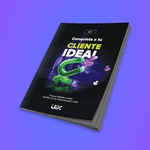 Portada de un kit titulado ‘Conquista a tu cliente ideal’, con diseño en tonos oscuros y elementos llamativos como un imán verde y partículas moradas, acompañado del logotipo UIX sobre fondo púrpura.